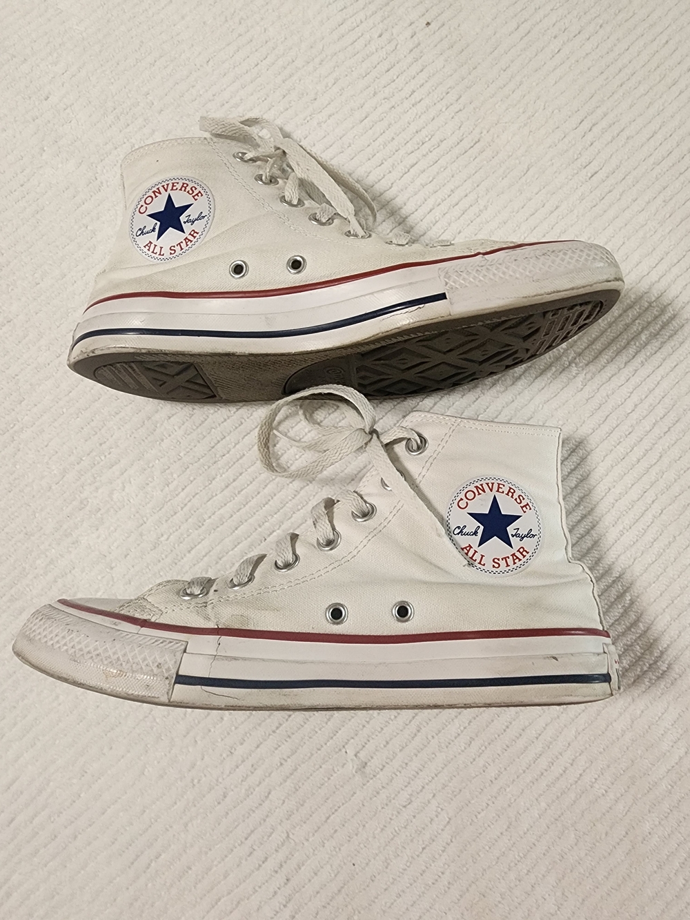 Converse White High Top Sneakers with Red & Navy Stripe